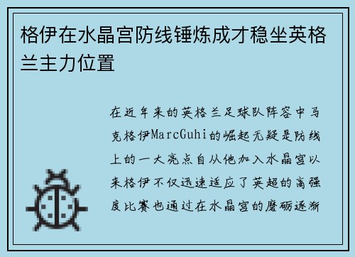 格伊在水晶宫防线锤炼成才稳坐英格兰主力位置